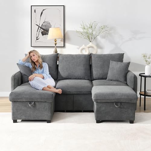 Yihomfy 188x186x86 cm Sofá esquinero modular en U, sofá convertible de 3 plazas, con 2 reposapies, almacenamiento integrado, oruga, para sala de estar, oficina (gris)