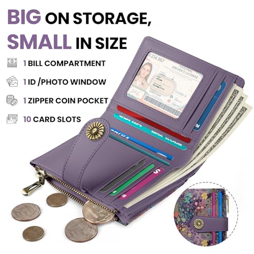 Image of Small Wallet for Women, RFID Blocking Bifold Card Holder Wallet with 10 Card Slots, Cash Compartment, Zipper Coin Pocket & ID Window, Cute Soft Vegan Leather Compact Wallet, Violet