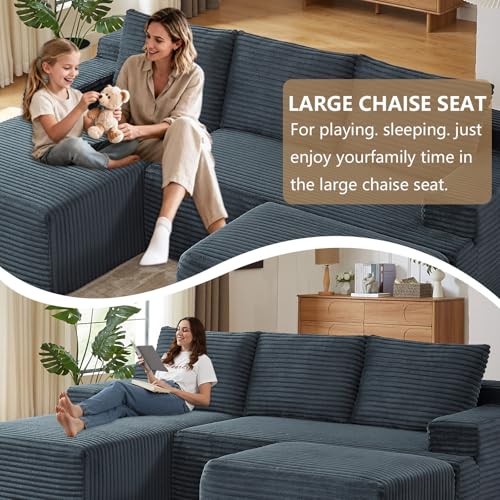 Image of 96 inch U-Shape Cloud Couch, Modern Modular Sectional L-Shape Sofa with Ottoman, Corduroy Upholstered Couches Deep Seat Sleeper Chaise Longue for Living Room, No Assembly Required(Dark Gray, Left Facing)