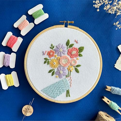Image of KNOT YOUR TYPE Cotton Floral Bouquet DIY Embroidery Kit | Hand Embroidery Kit with All Stitching Materials | Perfect Art & Craft Gift Set, Stitching Kit for Adults, Blue