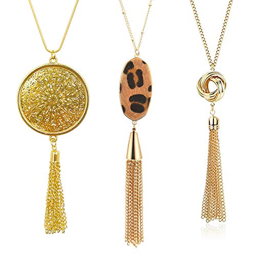 INENIMARTJ 3PCS Long Pendant Necklace for Women, Simple Knot Disk Circle Tassel Y Necklace Set Statement Sweater Necklace for Girls (A)