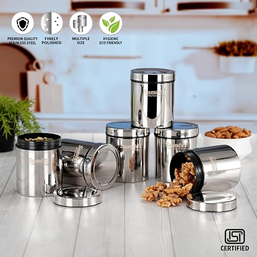 Image of Sumeet ISI Certified Stainless Steel Air Tight Storage Container /Jar /Canister /Dabba with Threading Screw Cap for Kitchen - Pack of 6Pc, 8.3cm, 450ml, Silver