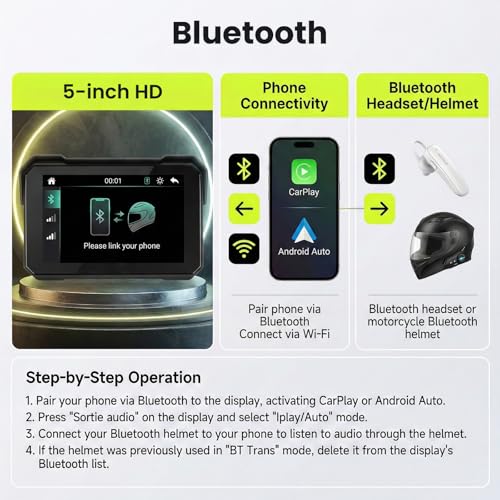 Image of Rimoody 5 Inch Portable Wireless CarPlay & Android Auto Motorcycle Screen, IP68 Waterproof Touchscreen GPS Navigation for Motorbike, Bluetooth Dual Mode, Anti-Theft, Support TPMS & TF Card