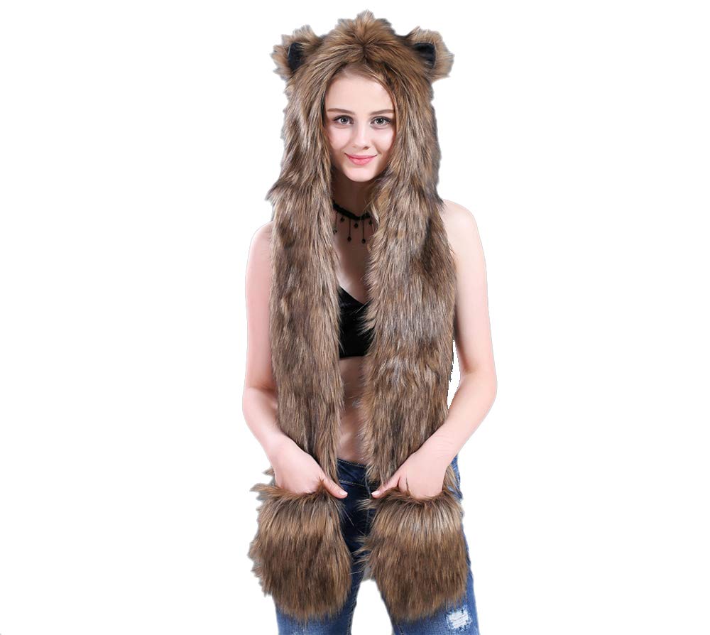 3 in 1 Function Faux Fur Animal Hood Hat Scarf and Paw Glove Furry Hoodie