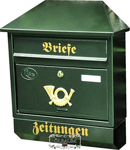 Preisvergleich Produktbild BTV Großer Massivstahl-Briefkasten XXL, verzinkt mit Rostschutz Walmdach W grün dunkelgrün moosgrün Zeitungsfach Zeitungsrolle Postkasten NEU