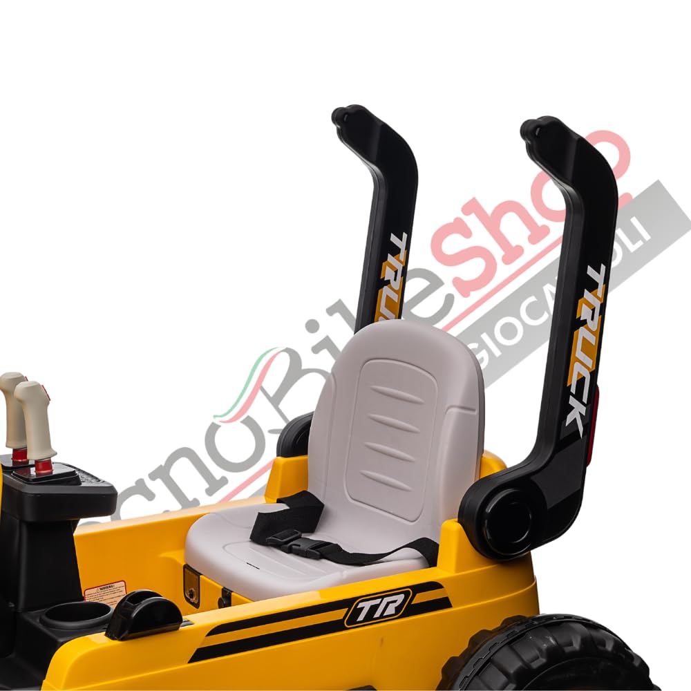 Tecnobike Shop Trattore Escavatore Elettrico Braccio Meccanico Per Bambini 12V con Radiocomando Luci LED Lettore Mp3