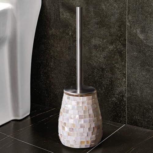 Image of WDHODEC Natural Shell Toilet Brush and Holder Set Mosaic Glass, Stainless Steel Toilet Scrubber Brush, Decorative Toilet Bowl Brush and Holder, Luxury Bathroom Accessories