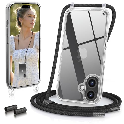 GOODVISH Handykette für iPhone 16 Hülle mit Band (6.1) | Kameraschutz und Bildschirmschutz | | Necklace Handyhülle mit Schnur Schutzhülle für zum Umhängen | Transparent Case mit Kordel Schwarz