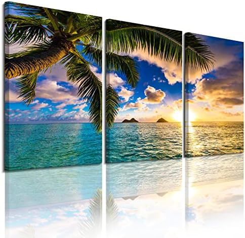 EPHANY see beach sunset wall art Art - 3 Panel Beach Canvas Wall Art for Home Decor Blue Sea Sunset Blue Beach Painting The Picture Print On Canvas Seascape Pictures (B-3pcs,16"x24"x3pcs)