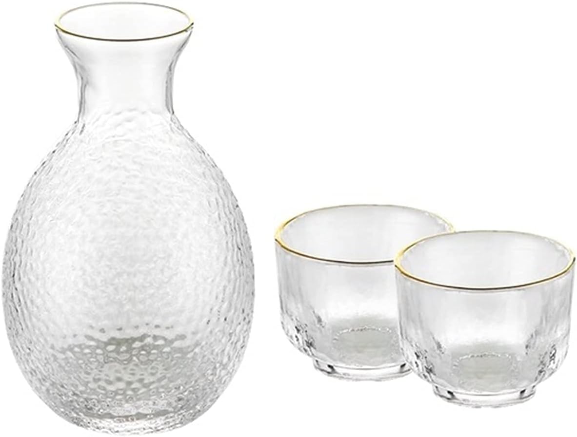 Japanese Hand-Made Sake Set Hammered Glass Phnom Penh Cup Wine Warmer Shochu Cup Tequila Kettle Whiskey Cup Domestic Liquor Set Party Decoration/Gilded 1Pot 2Cup