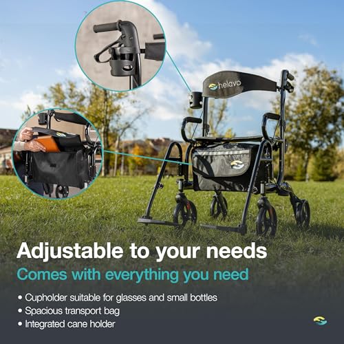 Helavo 2 in 1 Walker Wheelchair Combo - Foldable Aluminum Rollator with Footrests - Convertible to a Transport Chair, 300 lbs Load Capacity - Maximum Mobility in All Situations - Thumbnail 6