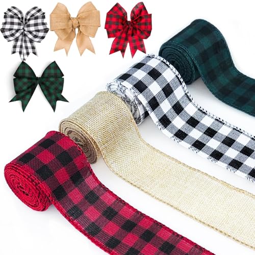 4 Rolls 12 Yards Christmas Ribbons Plaid Ribbon 2 Inch Wide Plaid Weave Ribbon with Wired Edge Bows Craft Decoration for Big Bow Wreath Tree Decoration Outdoor Gifts Wrapping Bow Xmas Decor