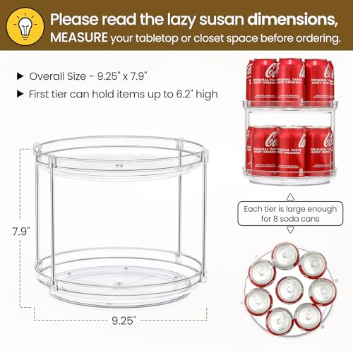 2 Tier Non-Skid Acrylic Lazy Susan Turntable Organizer - Rotating Spice Rack - Spinning Organization Tray for Kitchen, Pantry, Countertop, Closet, Bathroom, Vanity, Medicine Cabinet Organizing, 9.25''
