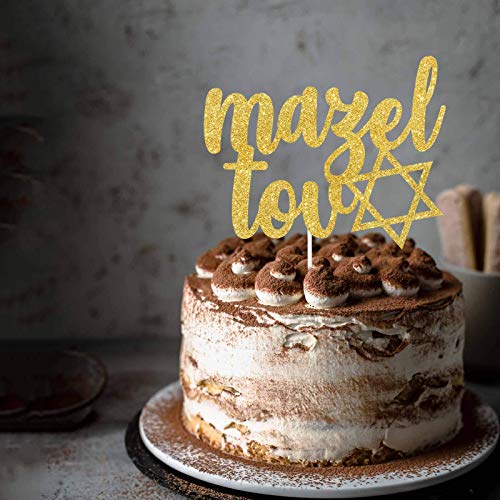 Liliparty Gold Glitter Mazel Tov Cake Topper,Jewish Birthday Cake Topper,Jewish Holiday,Hebrew Congratulations Topper,Hanukkah Star Of David Decor #TOP4