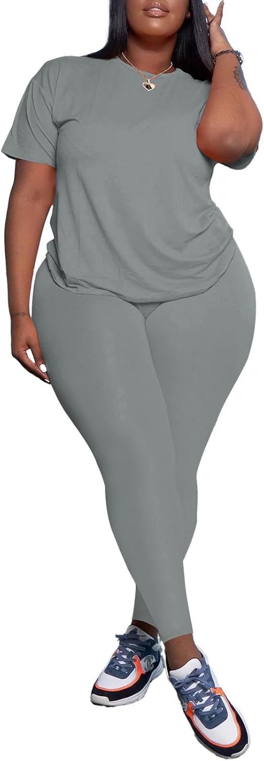 PINSV Women's Plus Size 2 Piece Outfits Tracksuits Short Sleeve Top Pants Sets Sweatsuits - Image 3