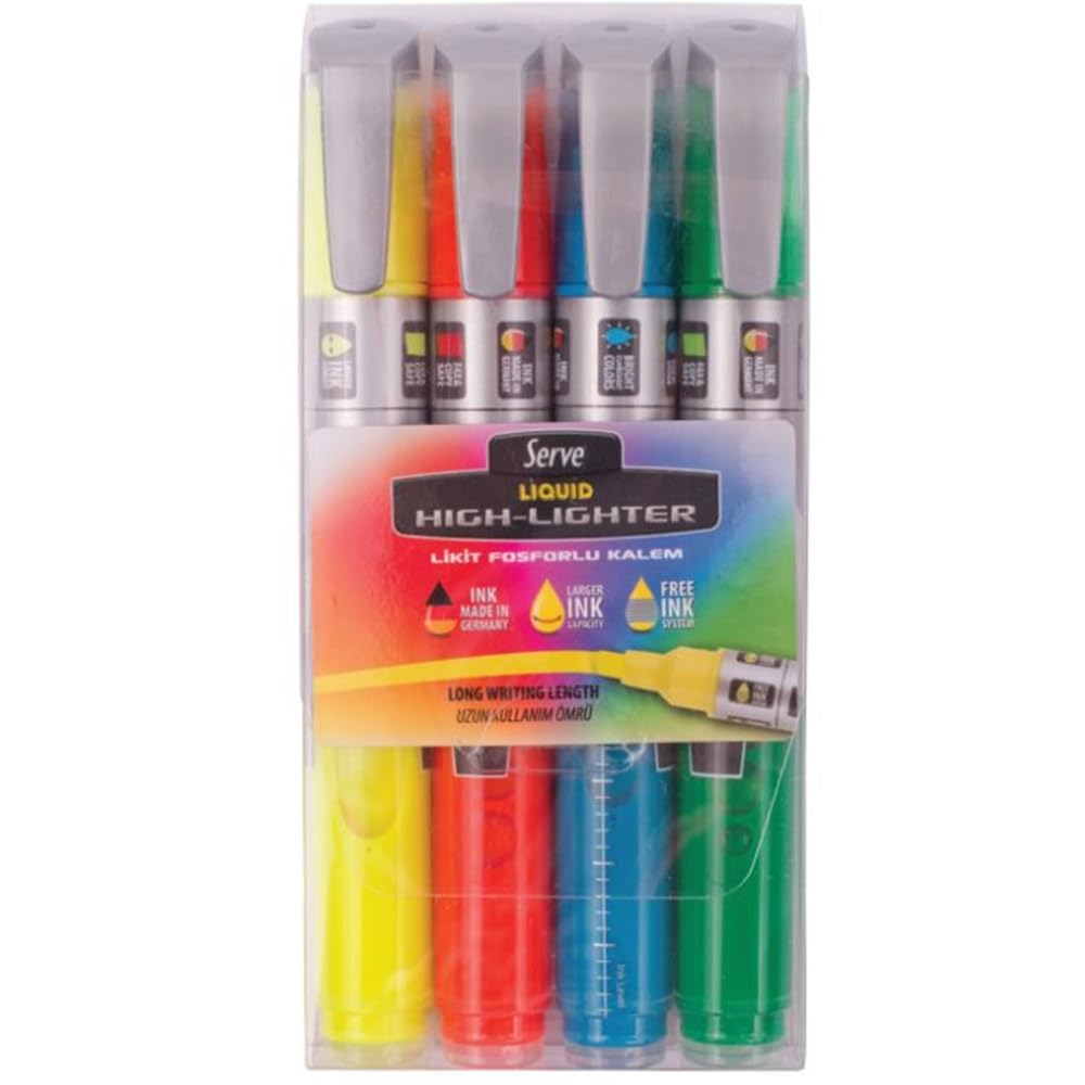 SERVE Liquid Ink Highlighter, 4 PCS PET Pouch (Yellow, Orange, Pink, Purple)