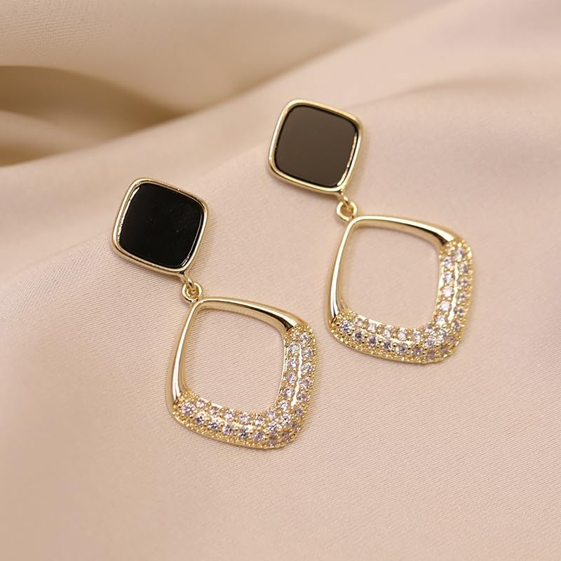 18K Gold Plated Geometric Black Enamel Drop Earrings for Women, Elegant Statement Earrings with Cubic Zirconia, Lightweight Dangle Earrings for Party, Wedding, and Daily Wear - Image 3