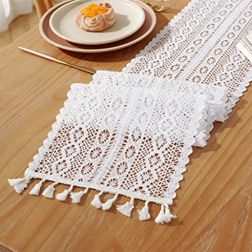 Gemseek 60 Inch Boho White Table Runner, Vintage Farmhouse Bohemian Crochet Macrame Table Runner For Wedding Party Coffee Dining Table Decor #TOP3