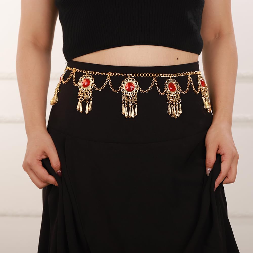 Jumwrit Golden Coin Flower Waist Chain Shiny Red Rhinestone Layered Belly Chain Vintage Hollow Carving Chain Belt Rave Chunky Boho Beach Long Tassel Body Chain Fashion Body Accessories for Women - Image 2