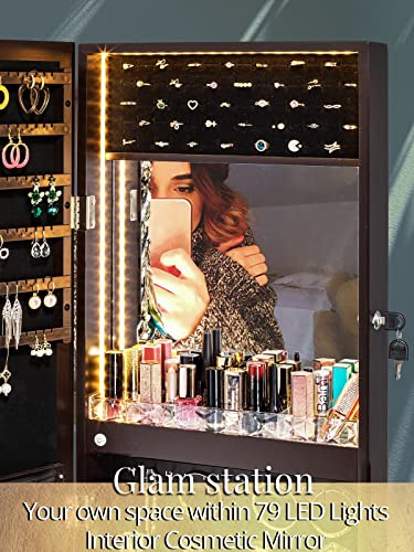 LUXFURNI LED Light Jewelry Cabinet Armoire, Standing Mirror Makeup Lockable Large Storage Organizer w/Drawers (Brown)