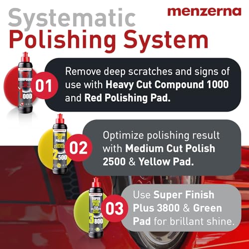 Image of Menzerna Polishing Set 8oz - HCC1000, MCC2500 & SFP3800 | 3-Step System incl. 3 Matching 6-inch Pads for Scratch Removal, Swirl Elimination & Mirror-Like Finish