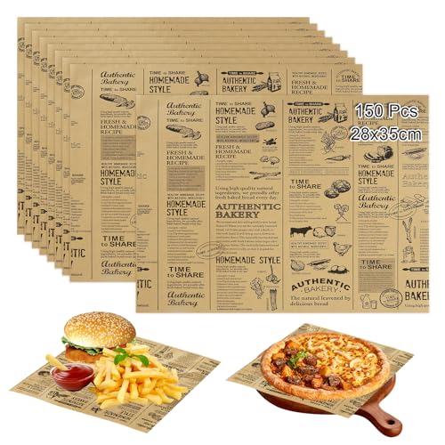 150 Feuilles Papier D'Emballage Frites Alimentaire 28 x 38cm Papier Journal Alimentaire papier cuisson pour Sandwich, Frites, Hamburger