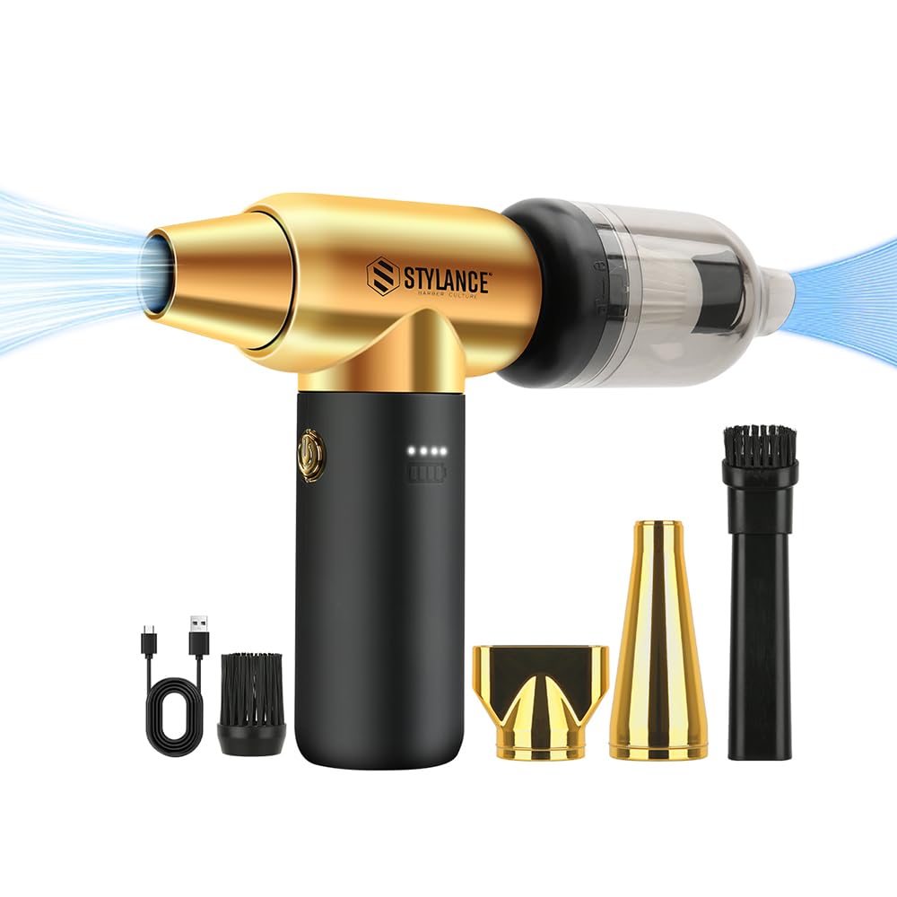 Compressed Air Duster - Barber Blower, Electric Duster, 3 Gear Mini Portable Jet Dry Air Blower, Cordless Vacuum Cleaner, for PC, Office,Salon, Fan, Laptop, Keyboard, Car (Gold)