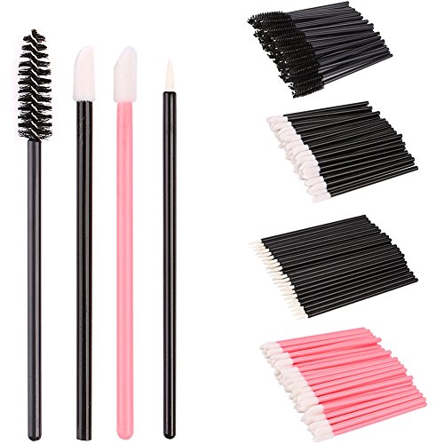 ScivoKaval 200 Pieces Disposable Lip Brush Eyeliner Brush Eyebrow Eyelash Mascara Brush Makeup Brush Tester Tool Kit Cosmetic Applicator Wand Set (Black and Pink)