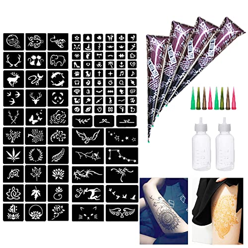 brighting henna 4 Pcs Natural Brown Temporary Tattoo Kit, Body Art Temporary Tattoo Ink Set, 4-Pages Tattoo Pattern Template Stickers, 2 Bottles 8 Nozzles