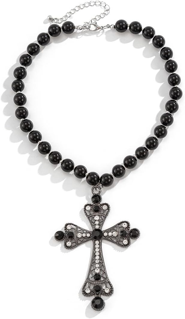 Gothic Cross Necklace for Women Exaggerate Big Pearl Beaded Cross Statement Necklaces Sparkling Crystal Choker Punk Chunky Statement Jewelry - Image 4