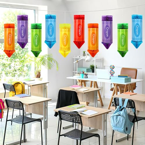 Image of 12 Pcs 100 Days of School Decorations, Colorful Crayon Pencil Honeycomb Classroom Ceiling Decorations for First Day of School Office Birthday Party Supplies Decor