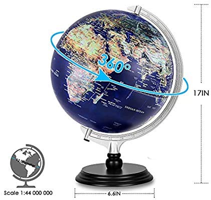 13 Inch Illuminated World Globe, Raised Relief Topographical Globe, Built-in LED Light for Night View, Magnifying Glass, Wood Stand for Learning Education Teaching Demo Home Office Desk Decoration