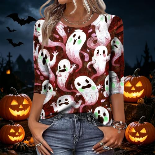 Image of Women Spooky Halloween Graphic Shirt 3 /4 Length Sleeve Crewneck Top | Halloween Funny Printed Pumpkin Plus Size Tshirts 2026 Fall Outfits Skeleton Tee Going Out Tops
