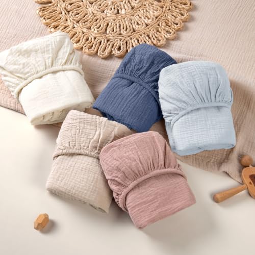 Image of lulumoon Muslin Bassinet Sheets 3Pack: Fitted Most Bedside Sleeper Mattress | Soft Cotton Bassinet Mattress Sheets for Baby - 33x21 inch Flexible Fit for Baby Delight Dream on Me and Other Rectangle pads