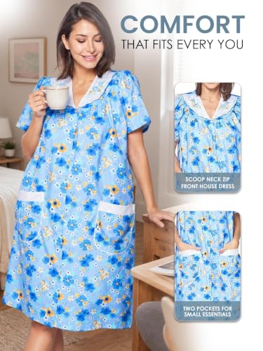 Image of Casual Nights Women's Snap - Front House Dress Short Sleeve Woven Housecoat Duster Lounger Robe with Pockets
