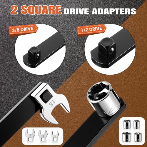 Image of Meonum Universal Serpentine Belt Tool Kit, Tensioner Wrench(Orange) | 3 /8 inch & 1 /2 inch Drive Belt Adjust Tightener Wrench Set, 4 Shallow Sockets, 3 Crowfoot, Removal Tool Auto Repair, Maintenance
