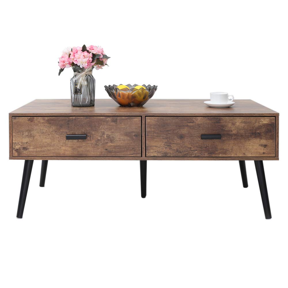 IWELL Mid-Century Coffee Table with 2 Drawer and Storage Shelf for Living Room, Boho Cocktail Table, TV Table, Rectangular Sofa Table, Office Table, Solid Elegant Functional Table, Easy Assembly