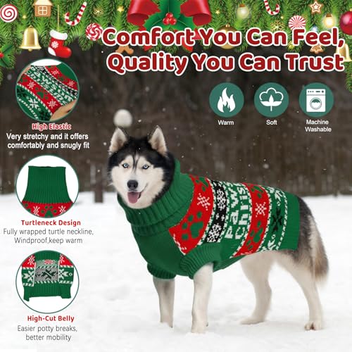 Image of Cozy Stretch Dog Turtleneck Sweater -Dog Christmas Sweater Pullover, Soft Warm Knit Dogs Sweaters for Boy & Girl Pets,Cold Weather Outfit for Small Medium Large Pups,Green Paw S