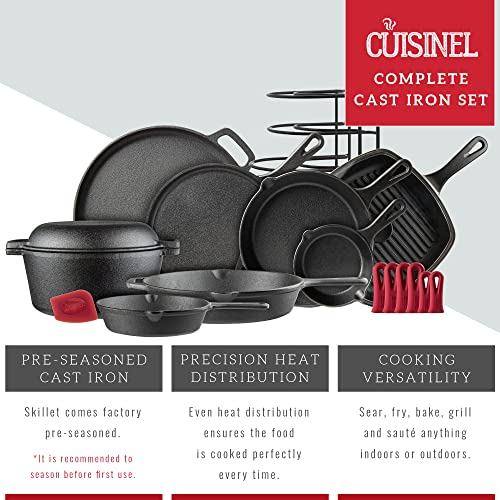 Image of Cuisinel Cast Iron Cookware 18-Piece Set - Pre-Seasoned 6 inch + 8 inch + 10 inch + 12 inch Skillet + Grill Pan+Lid + Griddle + Pizza Pan + Dutch Oven+Pan Cover + Panrack + Silicone Handle Grips + Pan Scraper /Cleaner