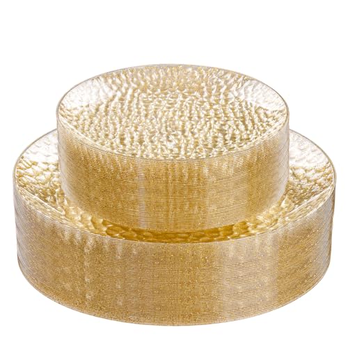Rubtlamp 60Pcs Gold Glitter Plastic Plates Heavy Duty Glitter Disposable Plates with Hammered Design Include 30 Dinner Plates and 30 Salad Plates for Weddings and Parties