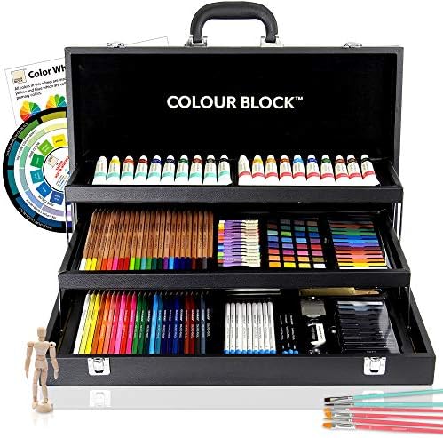 COLOUR BLOCK 181 pc Mixed Media Art Set in Durable PU leather Case - Soft & Oil Pastels, Acrylic & Watercolor Paints, Sketching, Charcoal & Colored Pencils and Tools