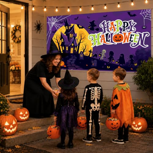 Image of Halloween Decorations Outdoor, Halloween Backdrop 65 inch x 32.7 inch Plastic Banner for Wall and Window, Spooky Party Decor, Indoor Outdoor Use, Outdoor Halloween Decorations, Trick or Treat Supplies