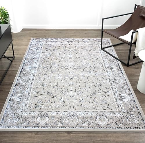 HADBA Beige & Cream 5x7 Area Rug – Elegant Persian Floral Design, Soft Shiny Pile, Vintage Distressed Look – Living Room, Bedroom, Dining Room Carpet – Non-Slip, Easy Care