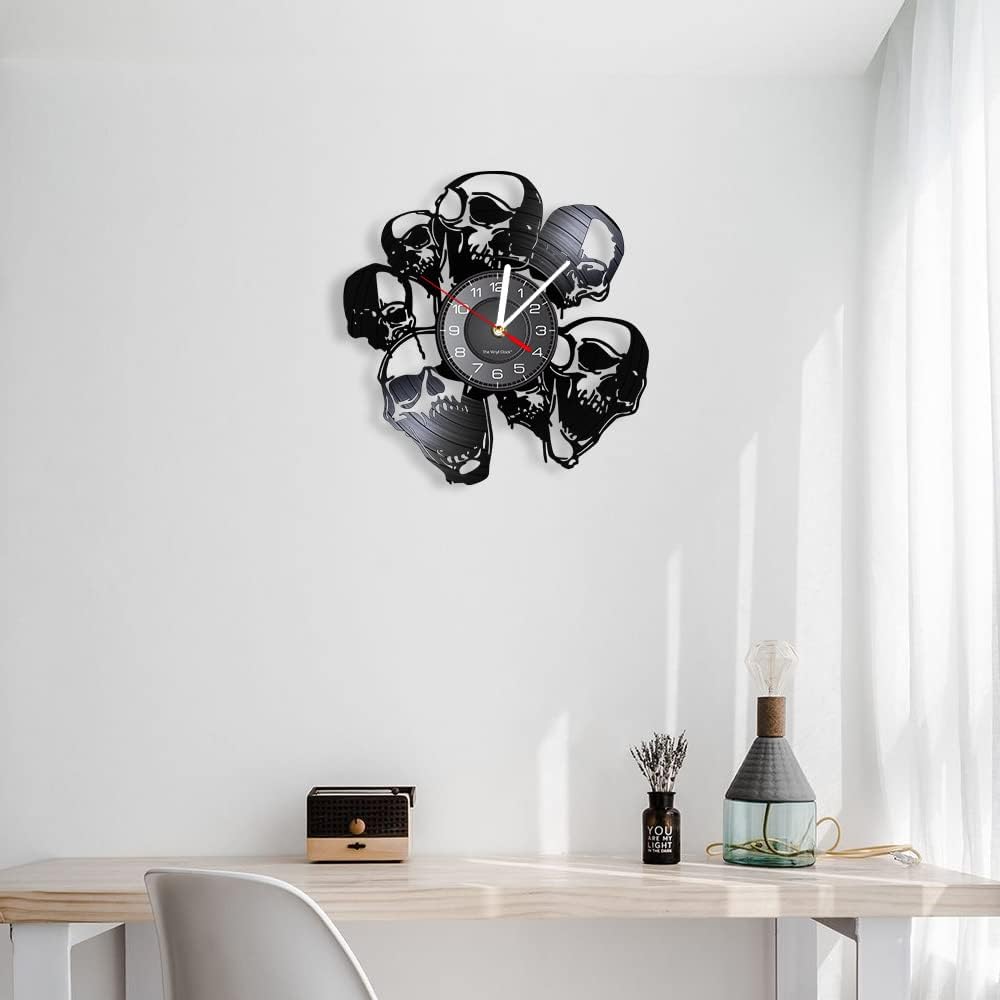7 Craft Skull Heads Vinyl LP Record Wall Clock Battery Operated, Horror Zombie Heads 12'' Decorative Records Clock for Wall Aesthetic Easter Day Halloween Black Skeleton Living Room Decor