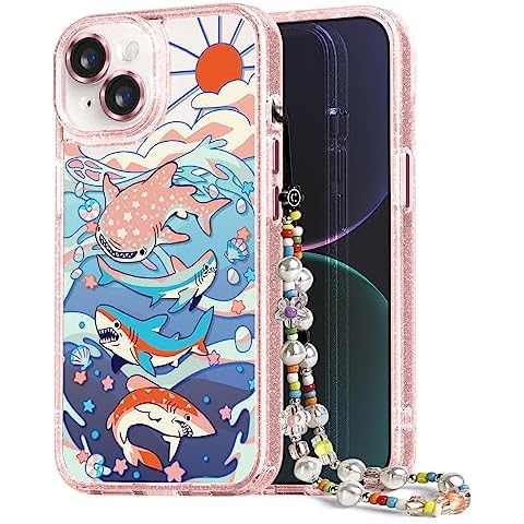 casevivid Designed for iPhone 14 Case Pink Glitter Clear - Cute Bling Phone Case with Wrist Strap - Aesthetic Y2K Case for Woman, Girl 6.1" (Cute Shark) Cover
