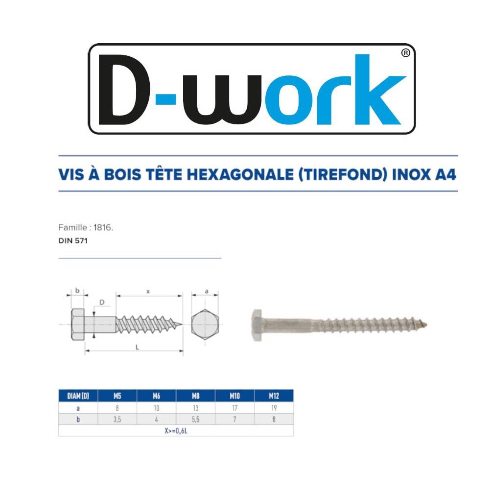 50 Tirefonds Bois Tête Hexagonale 8 x 140 mm - DIN 571 - Inox A4 - D-Work
