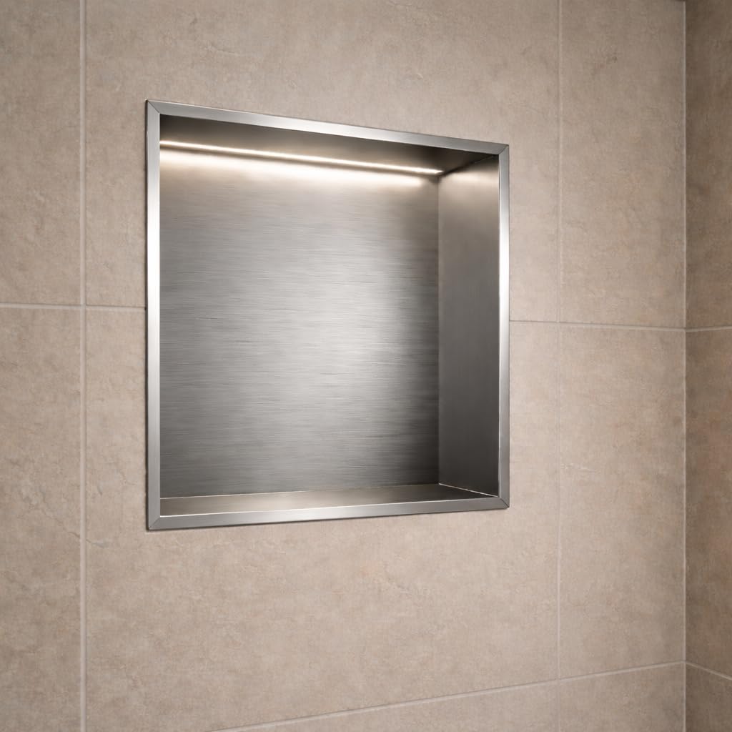 MEDIMEX - Hornacina Ducha Empotrable con LED Acero Inoxidable 304 Nicho de Ducha Empotrable 33x33 cm Estante Ducha Baño Iluminado Shower Shelf Bathroom Organizer