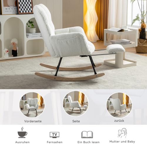 Biały fotel bujany z pluszem i składanym podnóżkiem, ergonomiczny fotel relaksacyjny z cichymi filcowymi podkładkami, do salonu, sypialni i biura, obciążenie do 110 kg