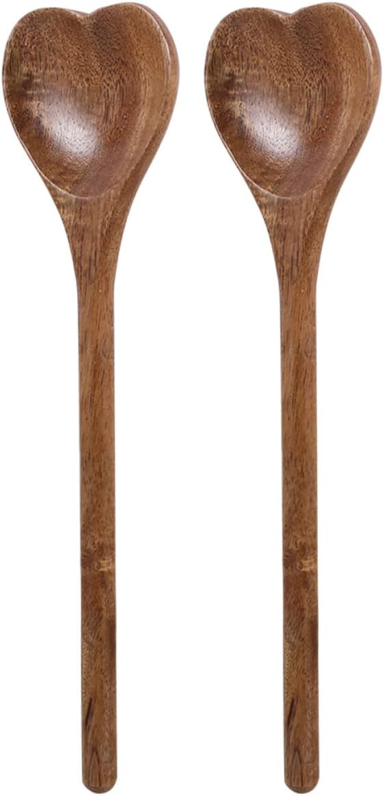 2pcs Heart Shaped Acacia Wood Spoons 25.5cm Multi-functional Carved Wooden Soup and Salad Utensils for Kitchen Cooking and Serving