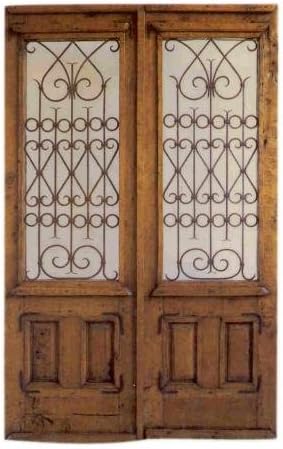 Traditional Authentic Mexican Cedar / Glass Double Door 4 (Square Top) with Hinges, Handle and Jamb